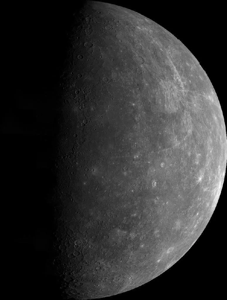 Mercury as seen by Mariner 10 during its 1974 flyby, showing a heavily cratered surface